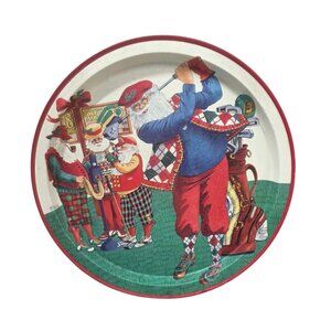 Vintage Santa Golf Tray Christmas Folk Art Metal Tray Signed Jeanne Beury 13.5"D